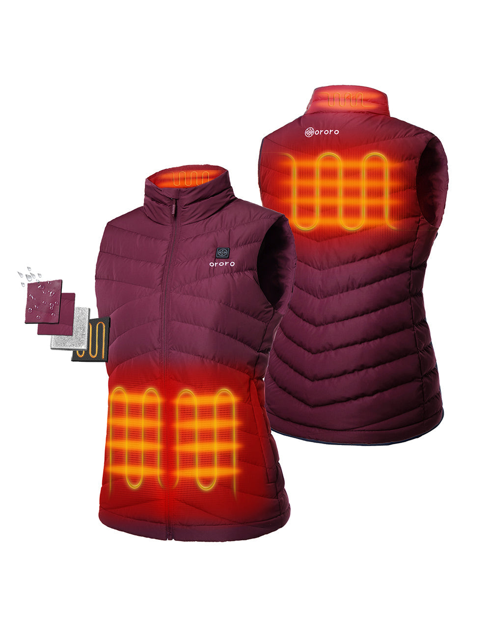 Four Heating Zones: left & right front stomach, upper-back, and collar