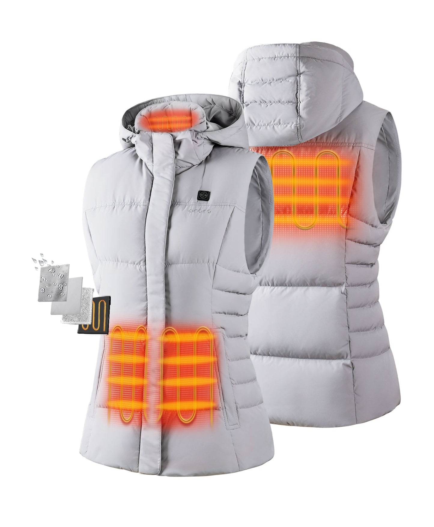 Four Heating Zones: left & right front stomach, upper-back, and collar