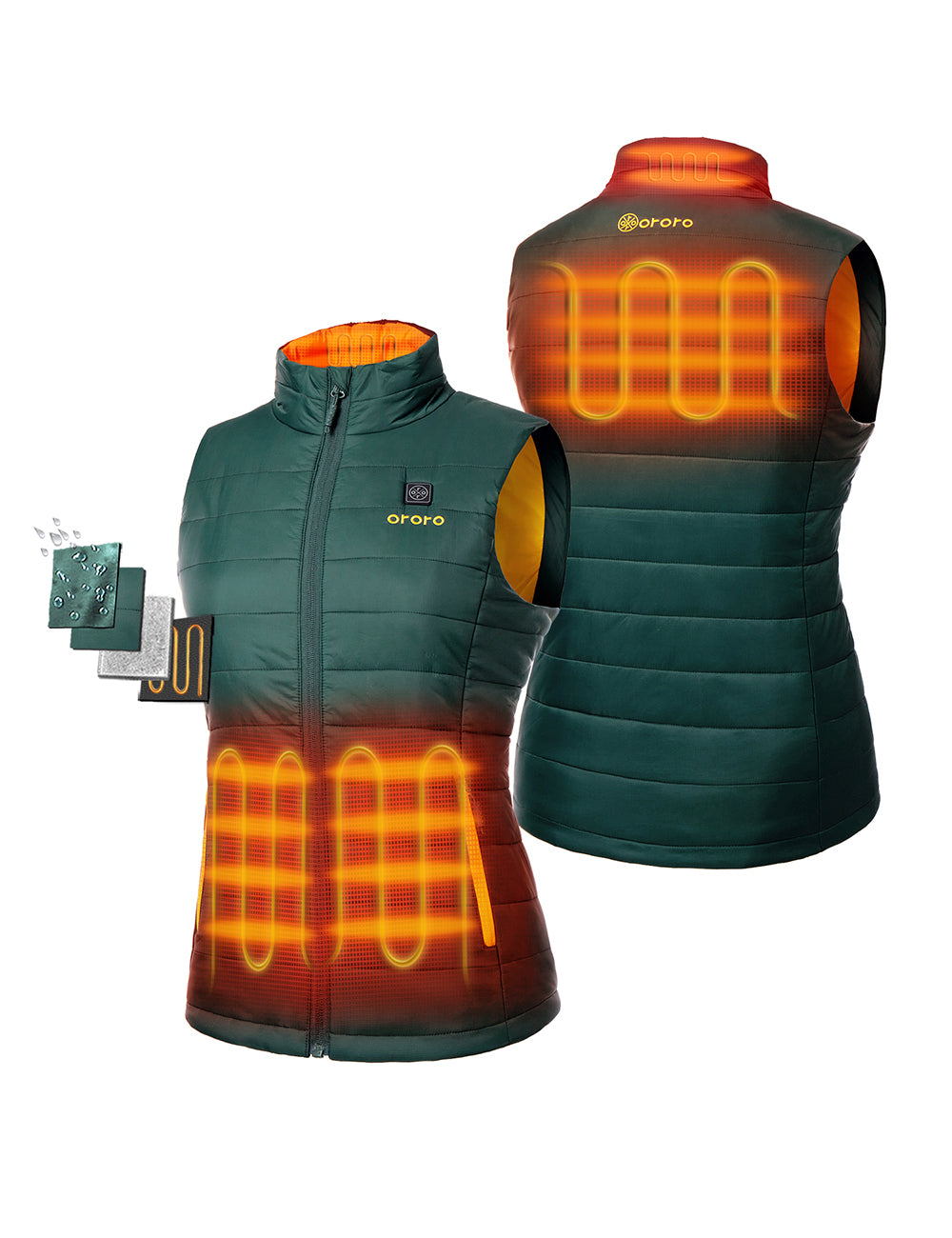 Four Heating Zones: left & right front stomach, upper-back, and collar